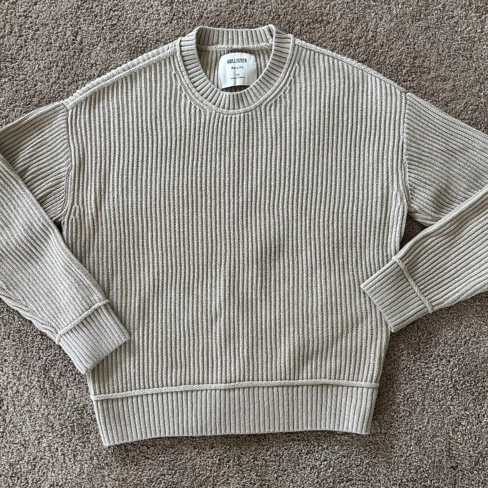 Hollister Men Beige Boxy Ribbed Crewneck Sweater Size XS